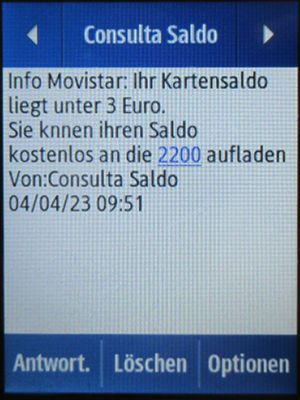 Movistar Prepago Plus - Total, prepaid SIM Karte, Spanien, SMS Guthaben Warnung unter 3 Euro auf einem Samsung Rex80 GT-S5220R