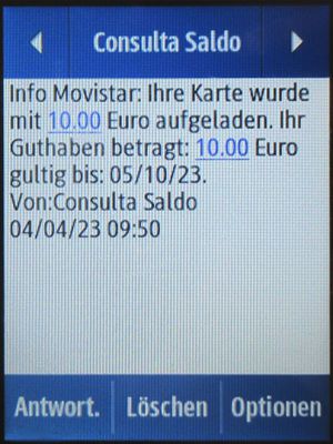 Movistar Prepago Plus - Total, prepaid SIM Karte, Spanien, SMS Info Guthaben wurde aufgeladen auf einem Samsung Rex80 GT-S5220R