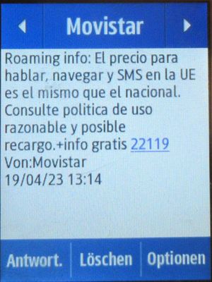 Movistar Prepago Plus - Total, prepaid SIM Karte, Spanien, SMS Tarif Info im April 2023 in Gibraltar, Großbritannien auf einem Samsung Rex80 GT-S5220R