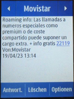Movistar Prepago Plus - Total, prepaid SIM Karte, Spanien, SMS Tarif Info Sondernummern im April 2023 in Gibraltar, Großbritannien auf einem Samsung Rex80 GT-S5220R