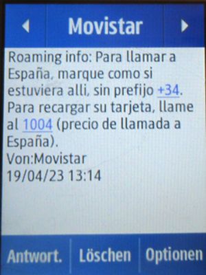 Movistar Prepago Plus - Total, prepaid SIM Karte, Spanien, SMS Info Landesvorwahl im April 2023 in Gibraltar, Großbritannien auf einem Samsung Rex80 GT-S5220R