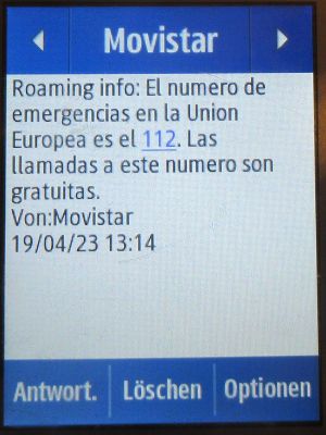 Movistar Prepago Plus - Total, prepaid SIM Karte, Spanien, SMS Info Notruf 112 im April 2023 in Gibraltar, Großbritannien auf einem Samsung Rex80 GT-S5220R