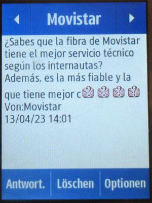 Movistar Prepago Plus - Total, prepaid SIM Karte, Spanien, SMS Glasfaser Info auf einem Samsung Rex80 GT-S5220R