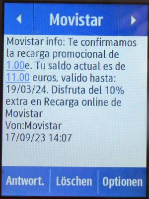 Movistar Prepago Plus - Total, prepaid SIM Karte, Spanien, SMS Info Guthaben aufgeladen mit 10 % Bonus auf einem Samsung Rex80 GT-S5220R