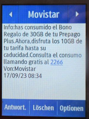 Movistar Prepago Plus - Total, prepaid SIM Karte, Spanien, SMS 30 GB Verbrauch im September 2023 einem Samsung Rex80 GT-S5220R