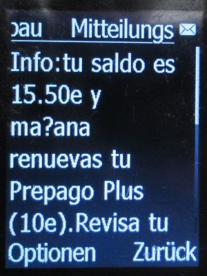 Movistar Prepago Plus - Total, prepaid SIM Karte, Spanien, Warnung Prepago Plus Paket endet auf einem doro® Primo&trade; 413