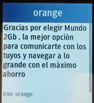 Mundo SIM prepago, orange™, prepaid UMTS SIM Karte, Spanien, Anzeige Mundo 2Gb Tarif auf einem Samsung GT–C3300K nach der Aktivierung
