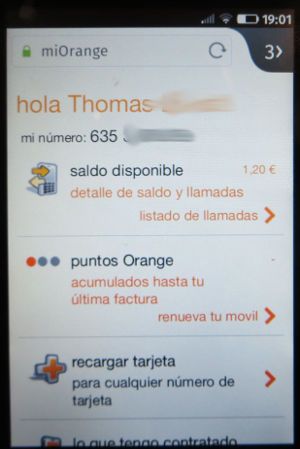 Mundo SIM prepago, orange™, prepaid UMTS SIM Karte, Spanien, Mobiles Online Portal auf einem ZTE Open C Smartphone