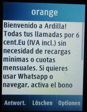 Mundo SIM prepago, orange™, prepaid UMTS SIM Karte, Spanien, SMS mit Bestätigung Ardilla Tarif auf einem Samsung GT–C3300K