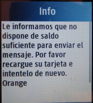 Mundo SIM prepago, orange™, prepaid UMTS SIM Karte, Spanien, SMS mit Guthaben reicht nicht aus Nachricht auf einem Samsung GT–C3300K