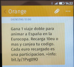 Mundo SIM prepago, orange™, prepaid UMTS SIM Karte, Spanien, SMS mit Kurz URL auf einem ZTE Open C Smartphone