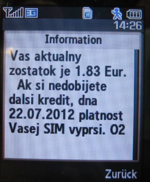 O2, prepaid UMTS SIM Karte, Slowakei, Startguthaben Guthabenanzeige