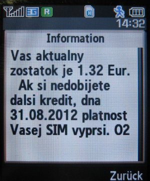 O2, prepaid UMTS SIM Karte, Slowakei, Restguthaben Guthabenanzeige