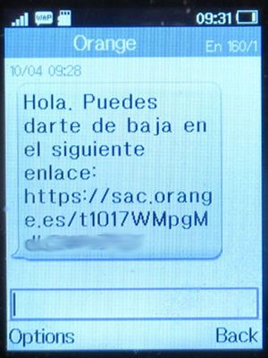 orange™ Base Datos 4G en casa, Vertrag, Spanien, SMS mit Link zum Formular auf einem Alcatel 2051X
