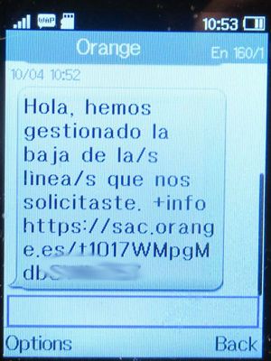 orange™ Base Datos 4G en casa, Vertrag, Spanien, SMS mit Kündigungsbestätigung auf einem Alcatel 2051X