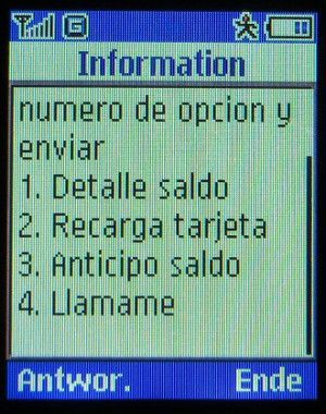 tarjeta sim, orange™, prepaid UMTS SIM Karte, Spanien, Service Menü auf einem Samsung E1310B