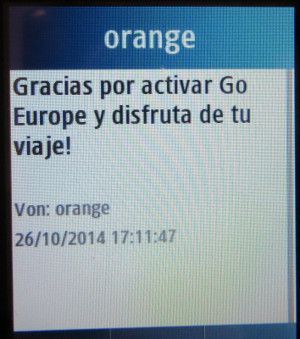 tarjeta sim, orange™, prepaid UMTS SIM Karte, Spanien, SMS mit Roaming Bestätigung auf einem Samsung GT–C3300K