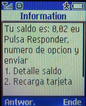 tarjeta sim, orange™, prepaid UMTS SIM Karte, Spanien, Guthaben Anzeige auf einem Samsung E1310B