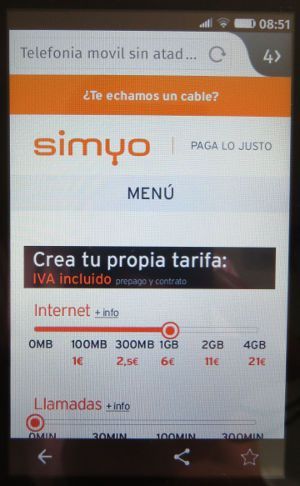 simyo prepaid SIM Karte Spanien, Startseite simyo Mobil auf einem ZTE Open C Smartphone