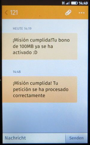 simyo prepaid SIM Karte Spanien, SMS mit Bestätigung Bestellung 100 MB Paket und Kündigung der automatischen Verlängerung des Paktes auf einem ZTE Open C Smartphone