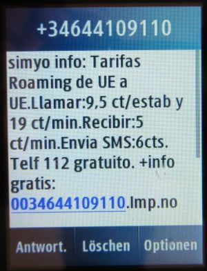 simyo prepaid SIM Karte Spanien, Roaming Tarifinformation SMS auf einem Samsung GT–C3300K im Juli 2015 in Deutschland