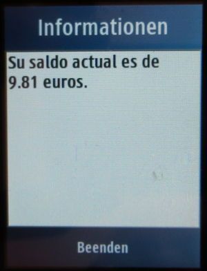 simyo prepaid SIM Karte Spanien, Kontostand, Startguthaben nach Aktivierungsanruf auf einem Samsung GT–C3300K