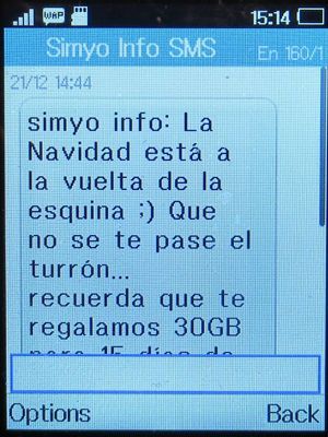 simyo prepaid SIM Karte Spanien, Datenpaket Weihnachten Aktion 2022 SMS Info auf einem Alcatel 2051X