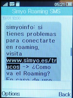 simyo prepaid SIM Karte Spanien, SMS Hinweis Daten Roaming, Niederlande im Januar 2023 auf einem Alcatel 2051X