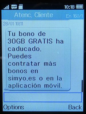 simyo prepaid SIM Karte Spanien, Datenpaket abgelaufen SMS Info auf einem Alcatel 2051X