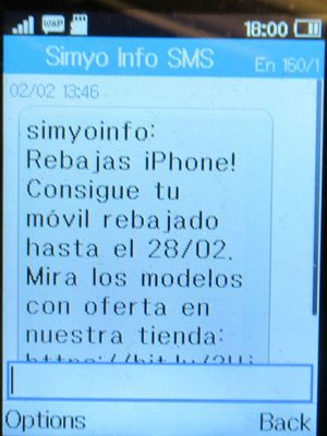 simyo prepaid SIM Karte Spanien, iPhone Rabatte Februar 2023 SMS Info auf einem Alcatel 2051X