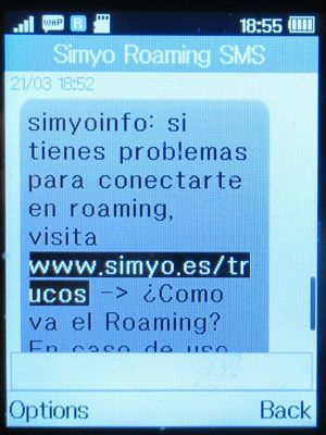 simyo prepaid SIM Karte Spanien, SMS Hinweis Hilfe zu Daten Roaming Problemen, Belgien im März 2023 auf einem Alcatel 2051X
