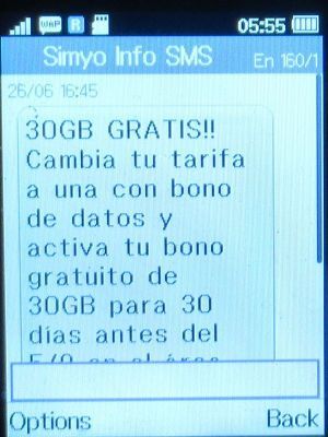 simyo prepaid SIM Karte Spanien, SMS Hinweis Gratis 30 GB Internet Paket Sommer 2023 auf einem Alcatel 2051X
