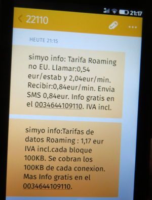 simyo prepaid SIM Karte Spanien, Roaming Tarifinformation SMS auf einem ZTE Open C Smartphone im November 2015 in Jordanien