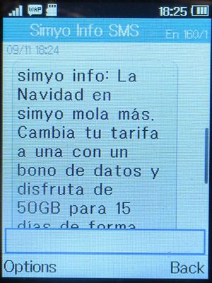 simyo prepaid SIM Karte Spanien, Datenpaket Weihnachten Aktion 2023 SMS Info auf einem Alcatel 2051X