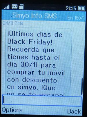 simyo prepaid SIM Karte Spanien, SMS Info zu Black Friday Angeboten 2023 auf einem Alcatel 2051X