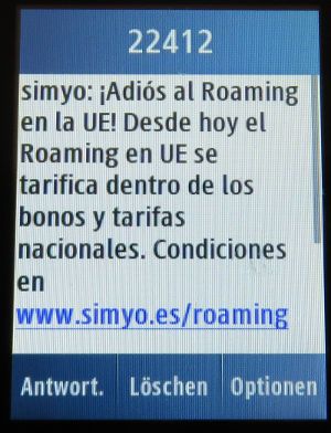 simyo prepaid SIM Karte Spanien, Nachricht Roaming Gebühren Juni 2017 auf einem Samsung GT–C3300K