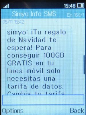 simyo prepaid SIM Karte Spanien, SMS Aktion Gratis 100 GB Internet Paket Weihnachten 2025 auf einem Alcatel 2051X