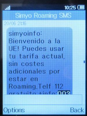 simyo prepaid SIM Karte Spanien, SMS Roaming Nachricht Slowenien auf einem Alcatel 2051X