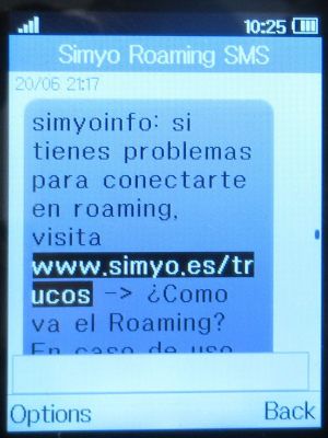 simyo prepaid SIM Karte Spanien, SMS Probleme Lösungen beim Roaming Slowenien auf einem Alcatel 2051X