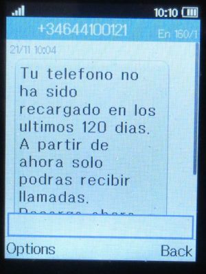 simyo prepaid SIM Karte Spanien, Nachricht nur noch Erreichbarkeit Ende November 2025 auf einem Alcatel 2051X