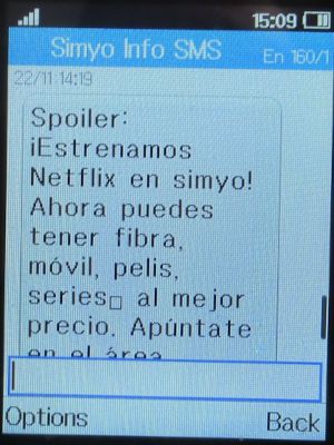 simyo prepaid SIM Karte Spanien, SMS Info Simyo Netflix im Fibra auf einem Alcatel 2051X