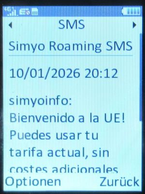 simyo prepaid SIM Karte Spanien, SMS Roaming Nachricht EU im Januar 2026 auf einem danew KONNECT 42