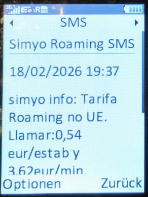 simyo prepaid SIM Karte Spanien, SMS Hinweis zum Roaming Tarif, Vereinigte Arabische Emirate im Februar 2026 auf einem danew KONNECT 42