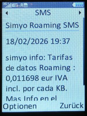 simyo prepaid SIM Karte Spanien, SMS Hinweis Daten Roaming Kosten, Vereinigte Arabische Emirate im Febraur 2026 auf einem danew KONNECT 42