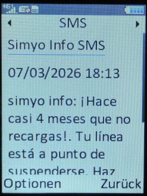 simyo prepaid SIM Karte Spanien, SMS Hinweis G&uuml;ltigkeit Ende im M&auml;rz 2026 auf einem danew KONNECT 42