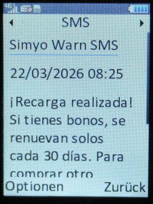 simyo prepaid SIM Karte Spanien, SMS Hinweis Aufladung erfolgreich im M&auml;rz 2026 auf einem danew KONNECT 42