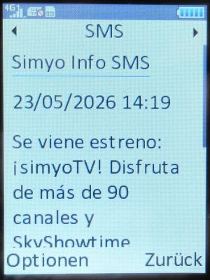 simyo prepaid SIM Karte Spanien, SMS Info simyo TV im Mai 2026 auf einem danew KONNECT 42