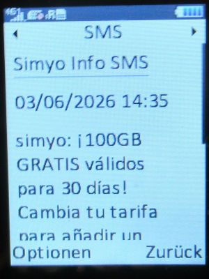 simyo prepaid SIM Karte Spanien, SMS Hinweis Gratis 100 GB Internet Paket Sommer 2026 auf einem danew KONNECT 42
