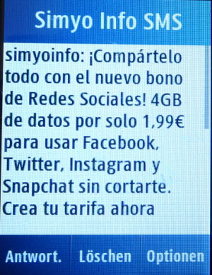 simyo prepaid SIM Karte Spanien, SMS Nachricht 4 GB Datenpaket soziale Netzwerke 2018 auf einem Samsung GT–C3300K
