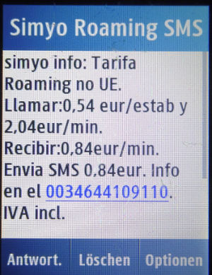 simyo prepaid SIM Karte Spanien, SMS Roaming Nachricht Andorra auf einem Samsung GT–C3300K